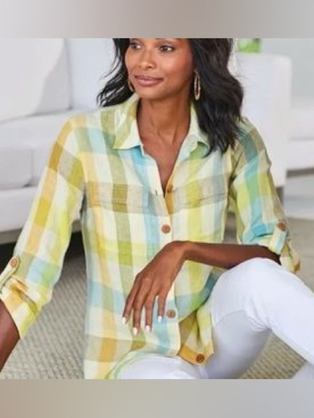 Soft Surroundings Avalon 100% Linen Plaid Button Down Shirt Size Small Petite